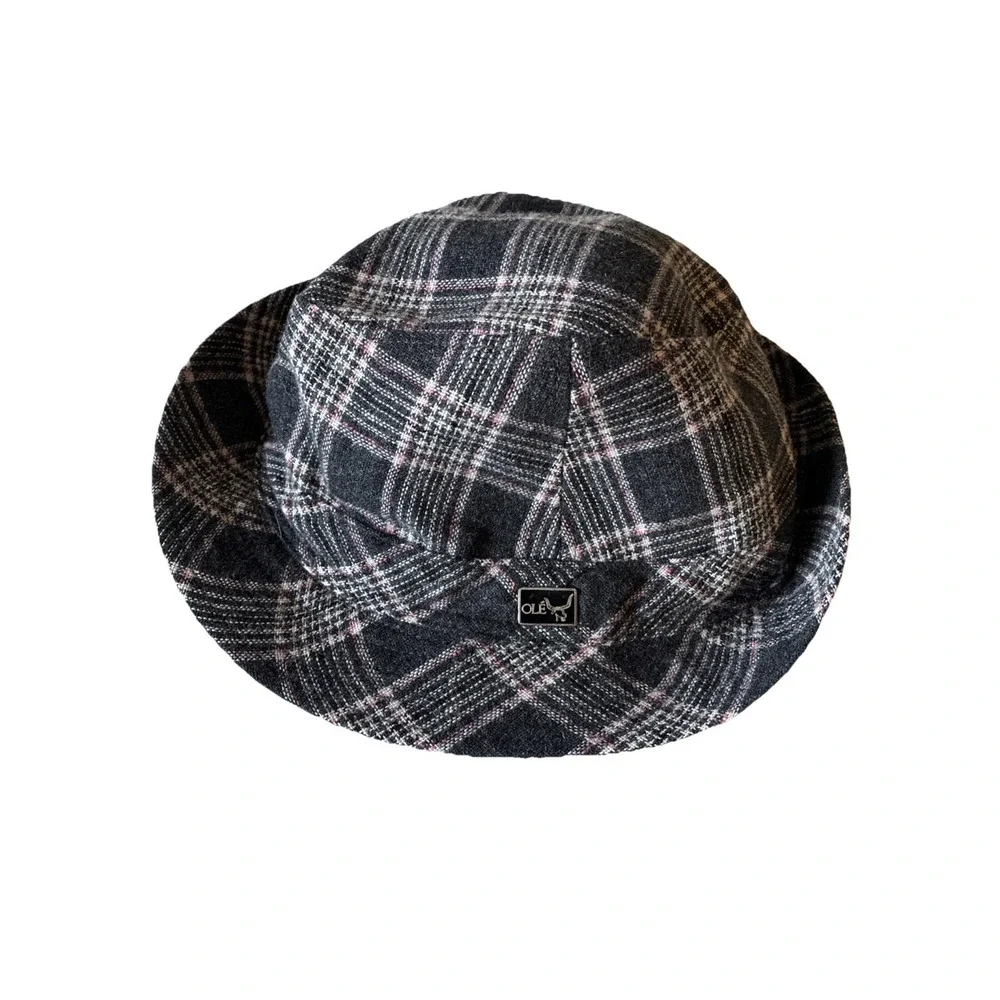 Ole- Grey, Black, and Pink plaid bucket hat cap Headwear - One Size Fits Most